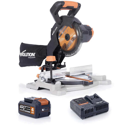 Evolution R185CMS-Li Cordless 185mm Compound Mitre Saw with 4.0Ah 18V Li-Ion EXT Battery, Rapid Charger & Multi-Material Blade