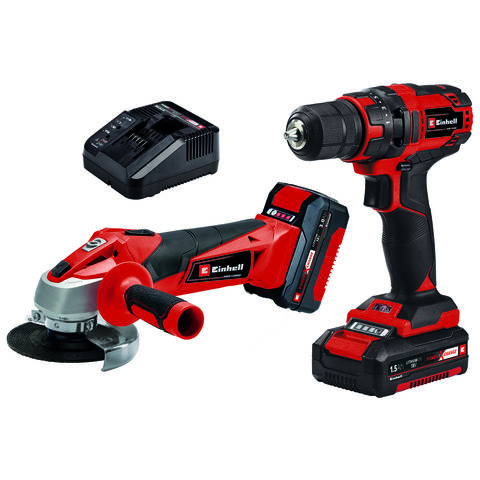 Einhell Power X-Change TC-TK 18 Li Cordless Drill Driver & Angle Grinder with 1.5 & 3Ah Batteries & Charger