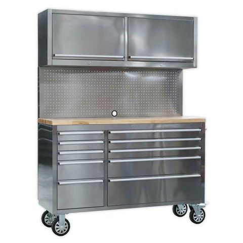 Sealey AP5510SS Mobile 10 Drawer Stainless Steel Cabinet with Backboard