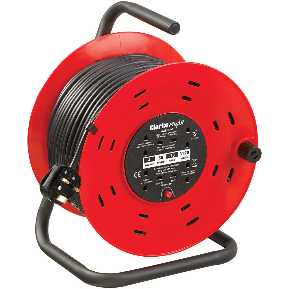 50M Extension Lead Heavy Duty Cable Reel, 4 Socket Cord Reel with