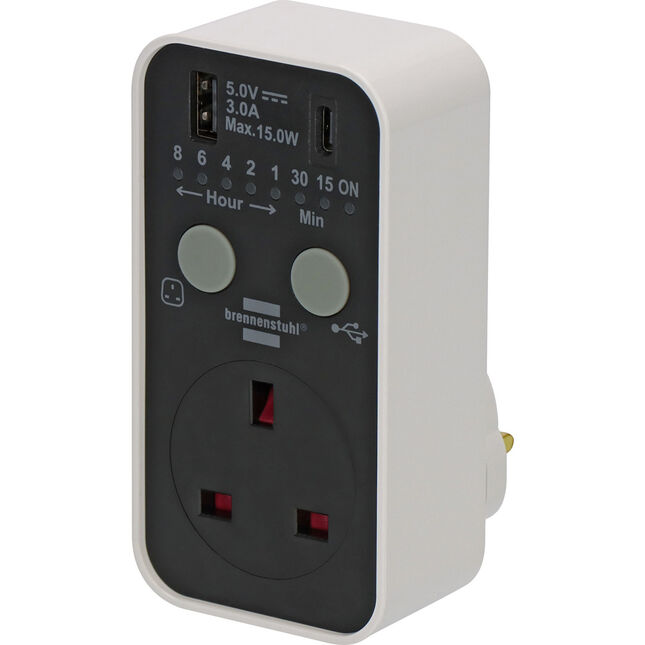 Image of Brennenstuhl 1506183 Countdown Timer Plug with USB-A & USB-C for Indoor Use