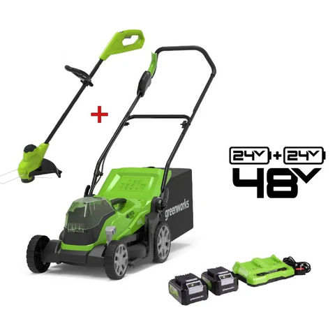 Image of Greenworks Greenworks GWGD24X2LM36LT25 48V Brushless 36cm Lawnmower & 25cm 24V Line Trimmer Twinpack with 2 x 2.0Ah & 4A Dual Charger