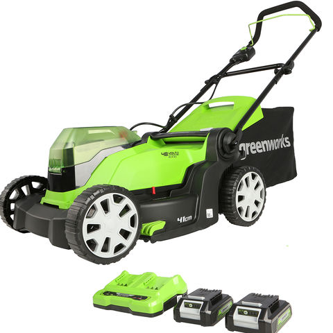 Greenworks GWG24X2LM41K2X 48V (2 x 24V) 41cm Lawnmower with Two 24V 2.0Ah Batteries & 2A Charger