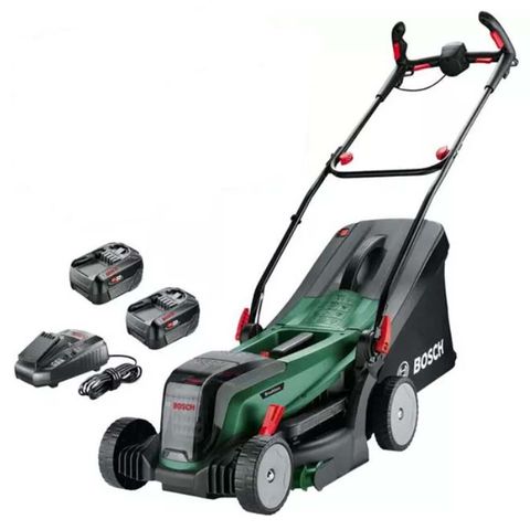 Bosch UniversalRotak 2x18V-37-550 36cm Lawnmower with Rear Roller and 2 x 4Ah Batteries & Charger
