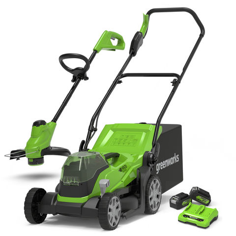 Greenworks 48V 36cm Cordless Lawnmower PLUS 24V 25cm Line Trimmer (2 x 4AH Battery & 2A Twin Charger)