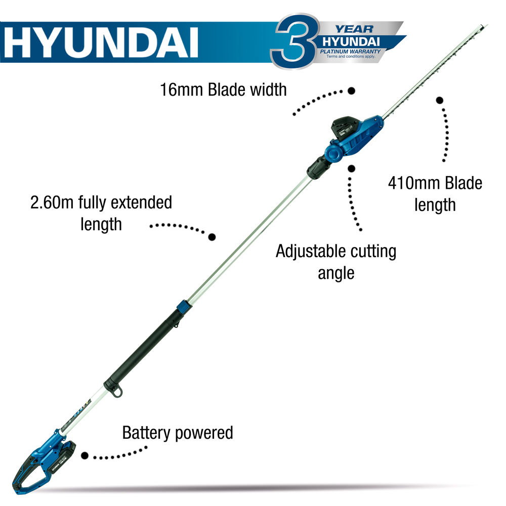 Hyundai Hy2191 20v Li Ion Cordless Long Reach Pole Hedge Trimmer With 2 0ah Battery Machine Mart