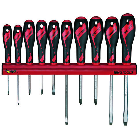Image of Teng Tools Teng Tools 10 Piece Screwdriver Set with Wall Rack, Flat, PH & PZ
