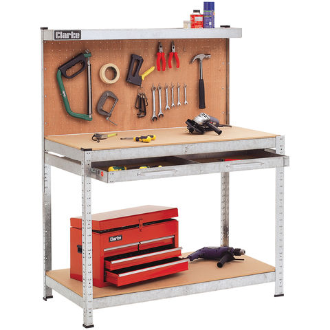 Clarke CWB-G1B Galvanised Workbench with Pegboard Back Panel & Large Drawer