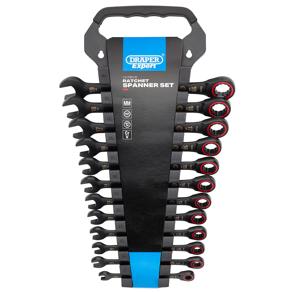 Draper Expert HI TORQ Metric Ratchet Combination Spanner Set Black 12 Piece Machine Mart