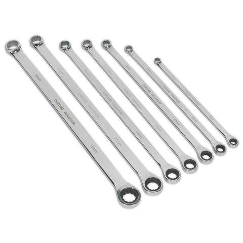 Image of Sealey Sealey AK6319 7 piece 8 - 19mm Extra-Long Ratchet/Fixed Ring Spanner Set