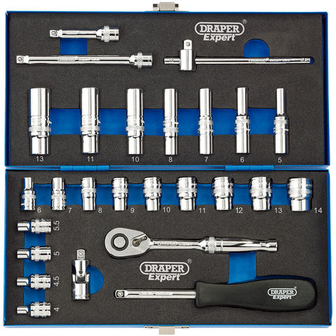 DRAPER 15-teiliger Metrischer Stecknuss-Satz – Auf Metall-Schiene, 3/20,3 Cm Vierkant-Antrieb, Blau