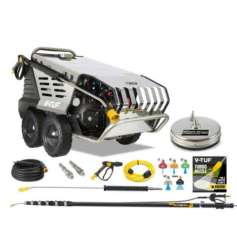 V-TUF RAPID VSC 230V 100Bar, 12L/min Hot Water Stainless Industrial Mobile Pressure Washer with Stone Restoration & 10m Roof Cleaning Bundle