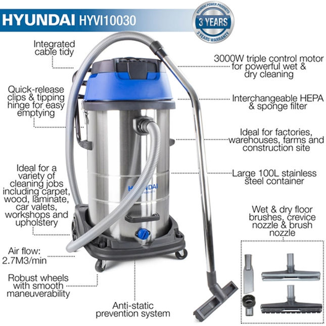 Hyundai HYVI10030 3000W Triple Motor 3in1 100L Wet and Dry Electric ...