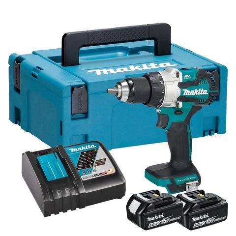 Makita DHP489RTJ 18V LXT Combi Drill with 2 x 5Ah Battery Charger and Makpac Case