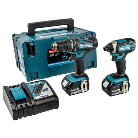 Image of Makita LXT Makita DLX2131TJ LXT 18V 13mm 54Nm Hammer Driver Drill & 165Nm Impact Driver Cordless Twin Pack with 2 x 5Ah Batteries, Charger & MakPac Case
