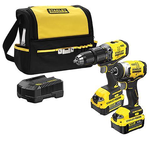 Image of Stanley STANLEY FATMAX V20 SFMCK461M2S 18V Brushless 2-Piece Kit with 2 x 4Ah Batteries Charger and Soft Bag