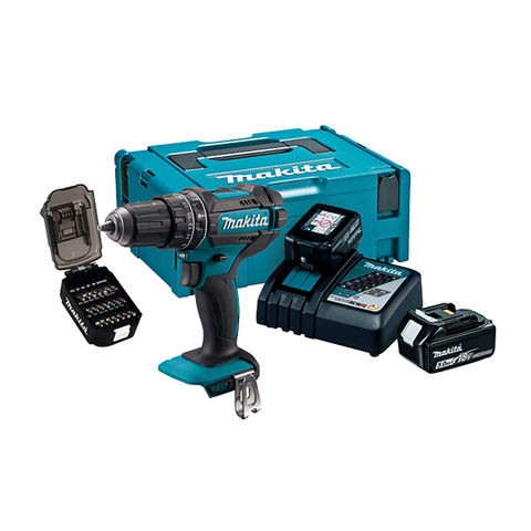 Makita DHP482JX14 18V LXT Combi Drill with 2 x 5Ah Batteries, Charger, MakPac Case and Bit Set