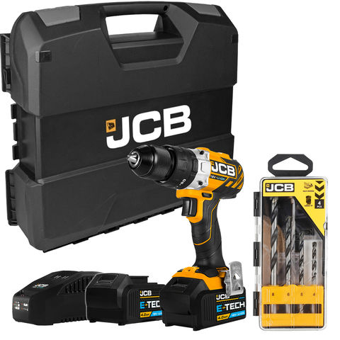 JCB 18BLCD-4-A 18V Brushless Combi Drill 2x 4.0Ah Battery in W-Boxx 136 with 4 Piece Multi Purpose Bit Set