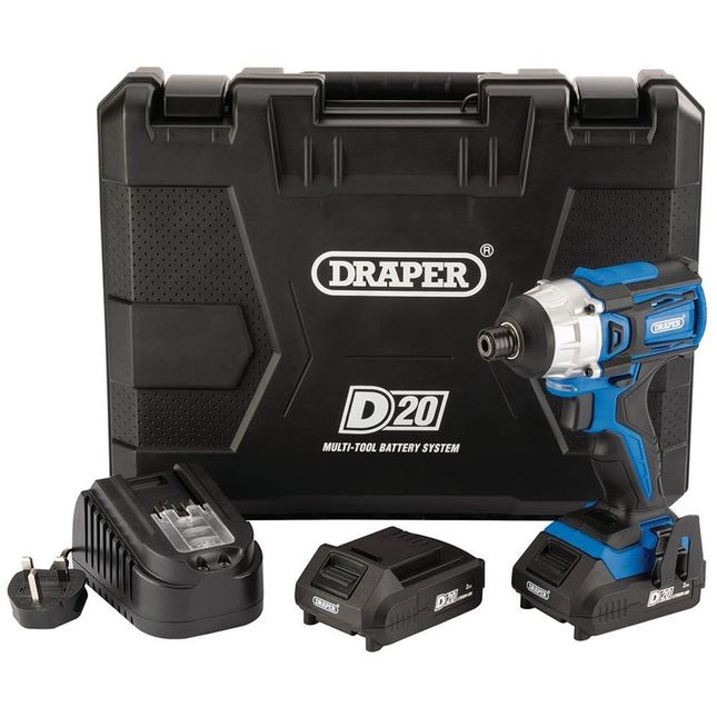 Draper D20 20v 1/4" Drive Brushless 180nm Impact Driver With 2 X 2ah Batteries & Charger