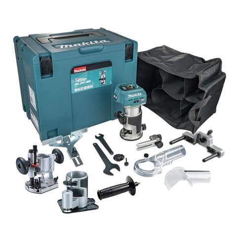 Makita RT001GZ16 40VMAX 6mm & 8mm Router Trimmer BL XGT (Bare Unit) with Guide and Base Set and MakPac Case 