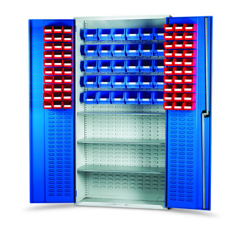Image of Barton Storage Barton Topstore 013090 Louvre Panel Cabinet with 3 Shelves & 60 Red and 30 Blue Bins
