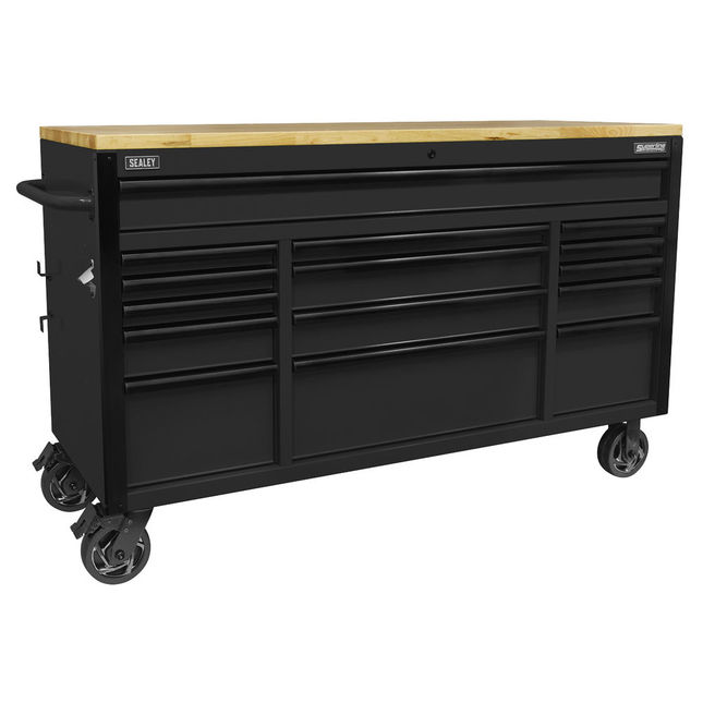 Sealey AP6215BE Superline PRO® Black Edition Mobile Trolley with Wooden Worktop 15 Drawer 1549mm