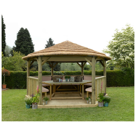 Photo of Forest Forest 4.7m Hexagonal Wooden Garden Gazebo With Thatched Roof - Furnished -cream- -assembled-