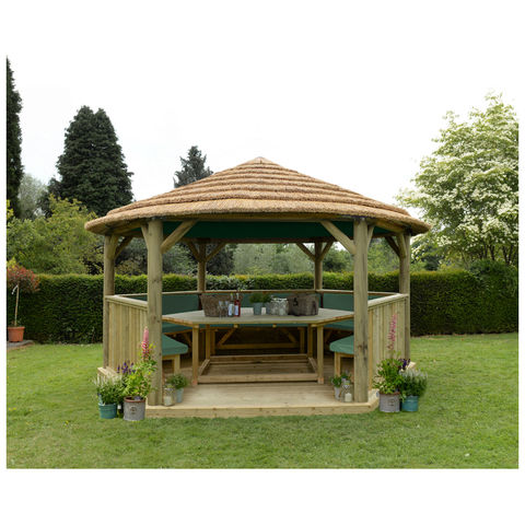 Photo of Forest Forest 4.7m Hexagonal Wooden Garden Gazebo With Thatched Roof - Furnished -green- -assembled-
