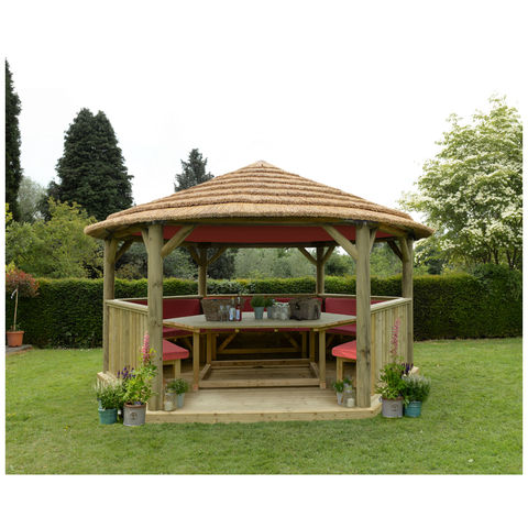 Photo of Forest Forest 4.7m Hexagonal Wooden Garden Gazebo With Thatched Roof - Furnished -terracotta- -assembled-