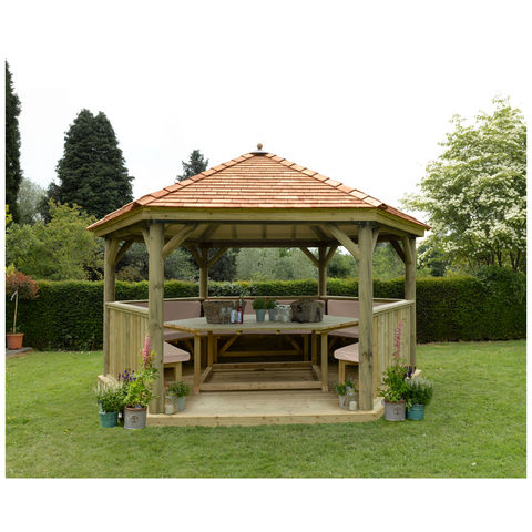Photo of Forest Forest 4.7m Hexagonal Wooden Garden Gazebo With Cedar Roof - Furnished -cream- -assembled-