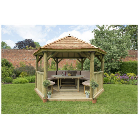 Photo of Forest Forest 4m Hexagonal Wooden Garden Gazebo With Cedar Roof - Furnished -cream- -assembled-