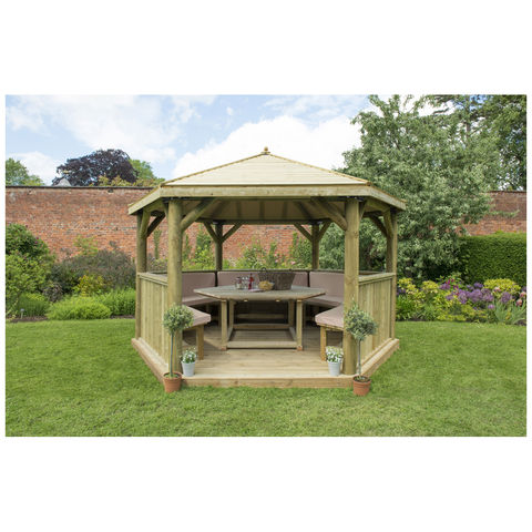 Photo of Forest Forest 4m Hexagonal Wooden Garden Gazebo With Timber Roof - Furnished -cream- -assembled-